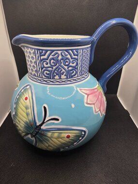 Fitz and Floyd Courtyard Handcrafted Floral Butterfly Ceramic Pitcher Vase 7.5"